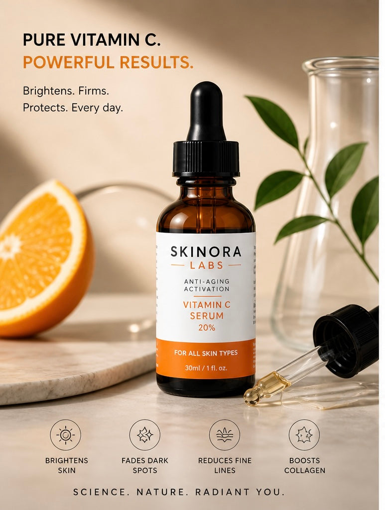 Skinora Vitamin C Anti-Aging Serum 20% glass dropper bottle
