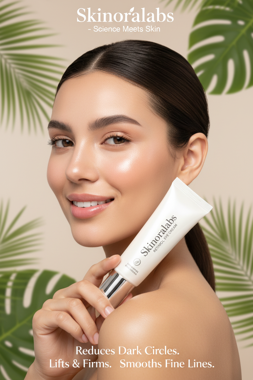 A woman with smooth, radiant skin holds a white tube of Skinorlabs Advanced Skincare cream against her neck. The background is a warm beige decorated with green tropical monstera leaves, with the brand name 'Skinorlabs' and marketing text at the top and bottom.