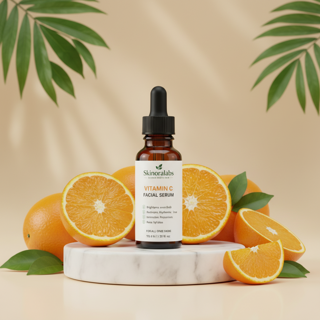 Skinoralabs Vitamin C Facial Serum surrounded by fresh oranges on marble – brightens skin tone, antioxidant protection and deep hydration"