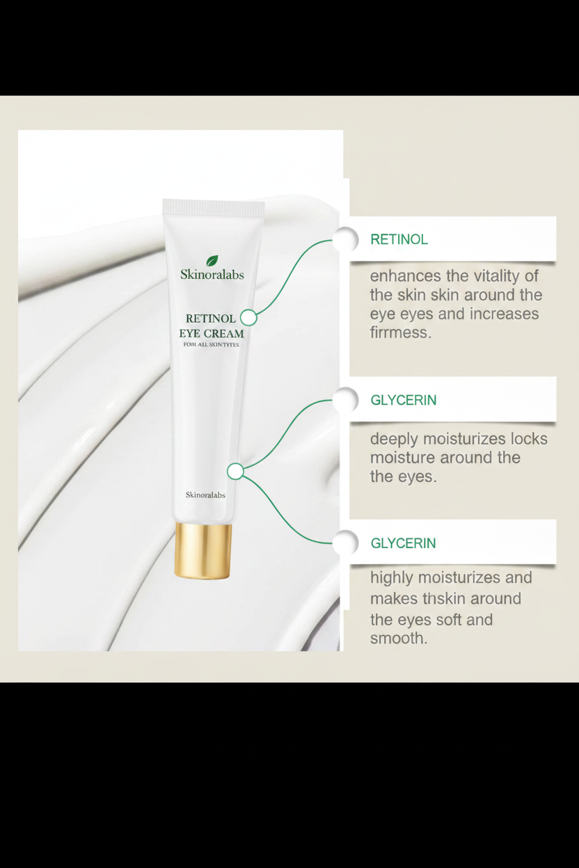 Skinoralabs Retinol Eye Cream tube with key ingredient callouts – Retinol firms skin around eyes, Glycerin deeply moisturises and locks in moisture"